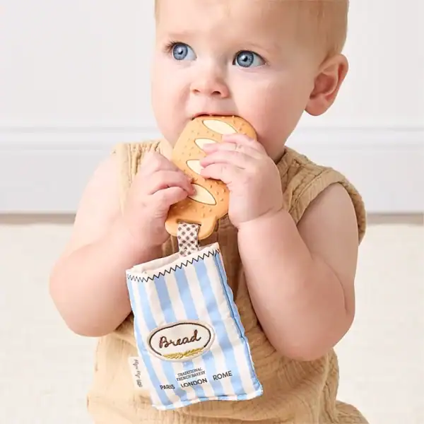 Baby chewing on bread-shaped teether.