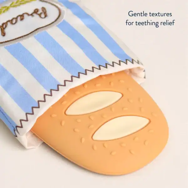 Striped teething mitten with textured silicone pad
