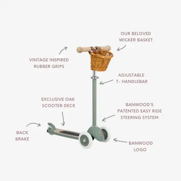 Children's scooter with wicker basket and labels.