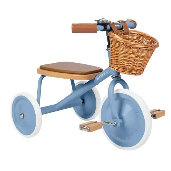 Blue tricycle with brown seat and basket.