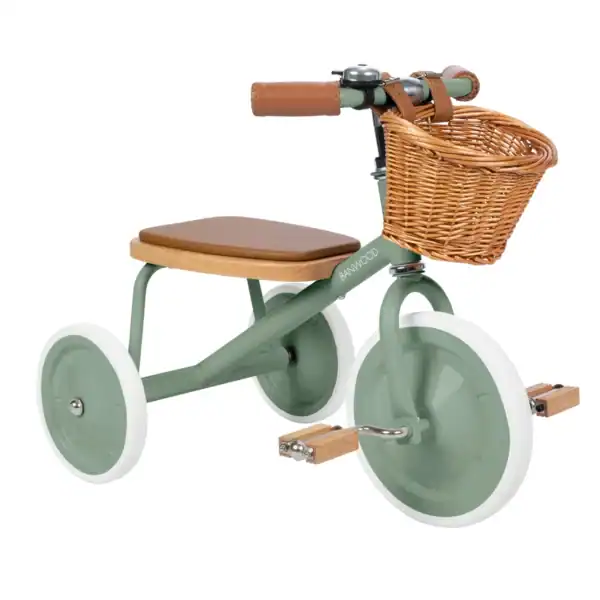 Green tricycle with basket and wooden seat.