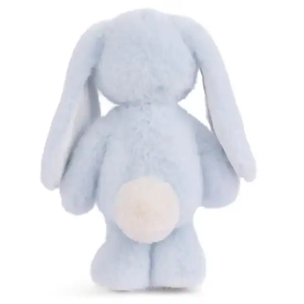 Back view of blue plush bunny toy.