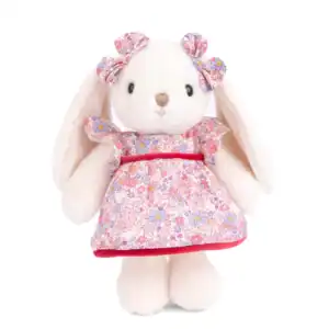 Plush bunny wearing floral dress with bows.