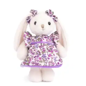 Floral dress bunny plush toy with purple accents.