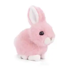 Pink plush bunny toy on white background.