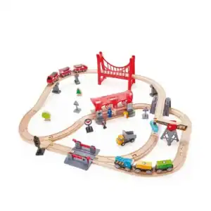 Colorful wooden train set with bridge