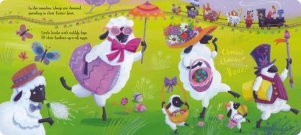 Sheep in Easter outfits enjoy a meadow parade.
