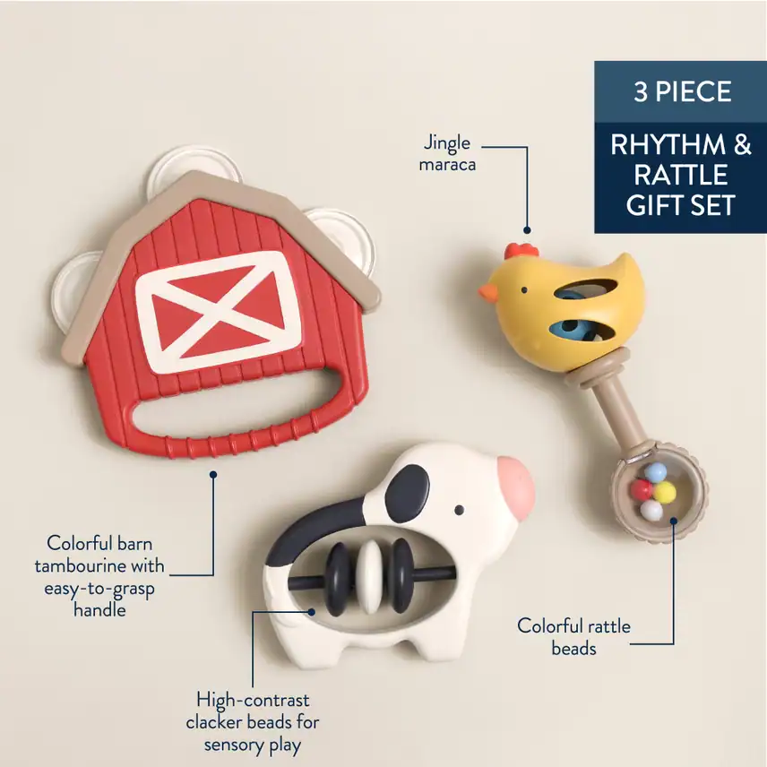 Baby rhythm and rattle toy set with three pieces.