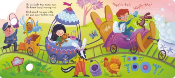 Colorful Easter-themed train with children and animals.