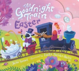 Colorful Easter-themed train with animals and eggs.