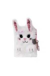 Furry bunny-themed notebook with lock and decorations.