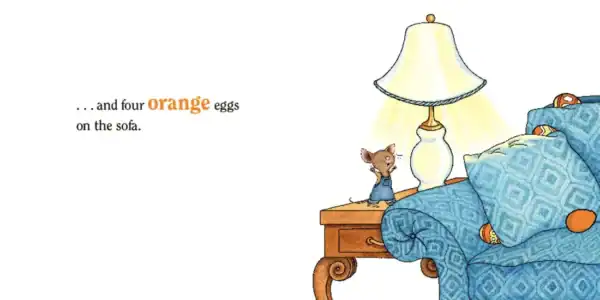 Mouse near sofa with orange eggs and lamp.