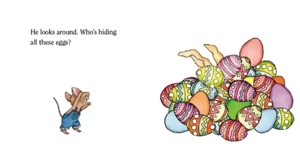 Mouse wonders who's hiding under Easter eggs pile.