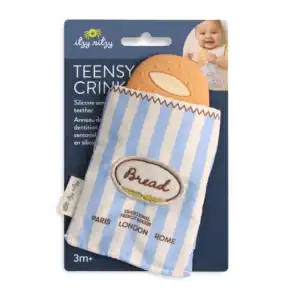 Teething toy shaped like bread in packaging.