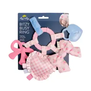 Teething toy with pink and blue accessories