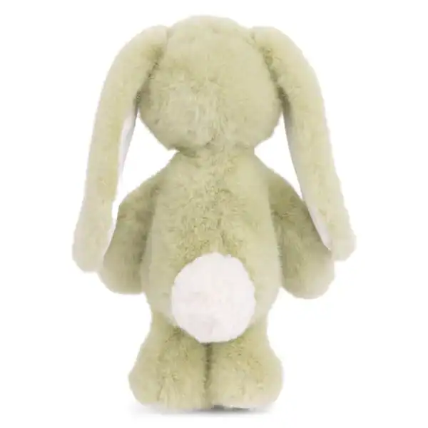Green plush bunny toy viewed from behind