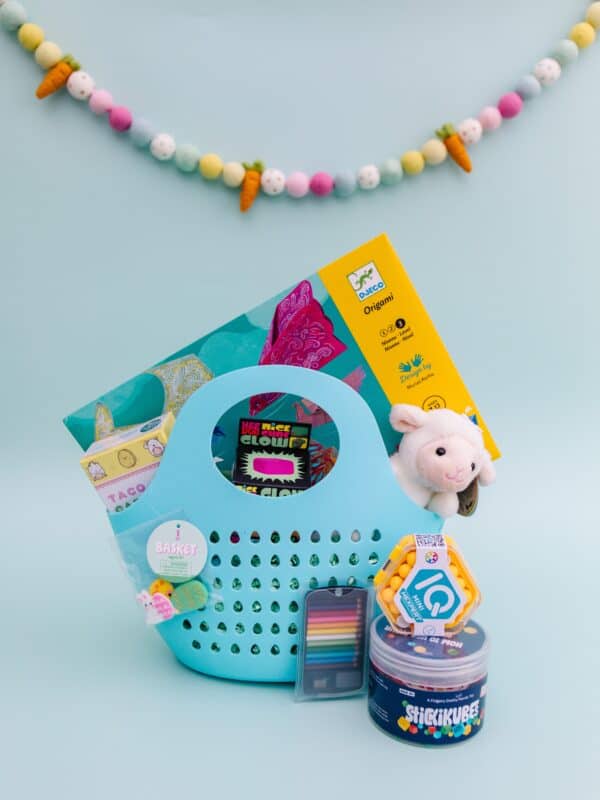 Easter gift basket with toys and crafts.
