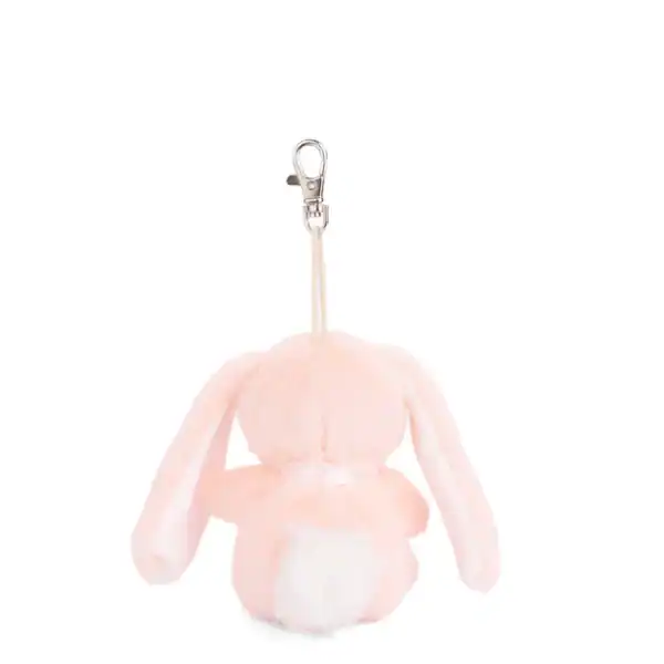 Pink plush bunny keychain from behind
