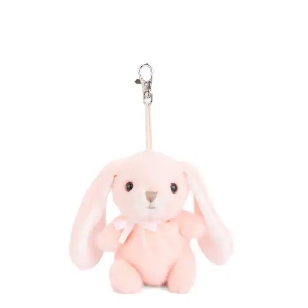 Pink bunny plush keychain with clip.