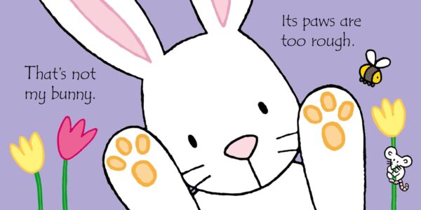 Cartoon bunny with rough paws and flowers