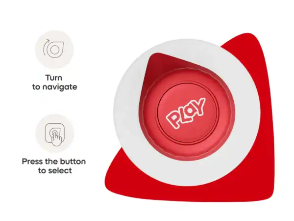 Interactive red button for navigation and selection.