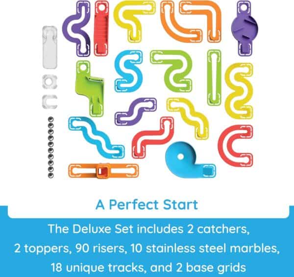 Colorful deluxe marble run set components.