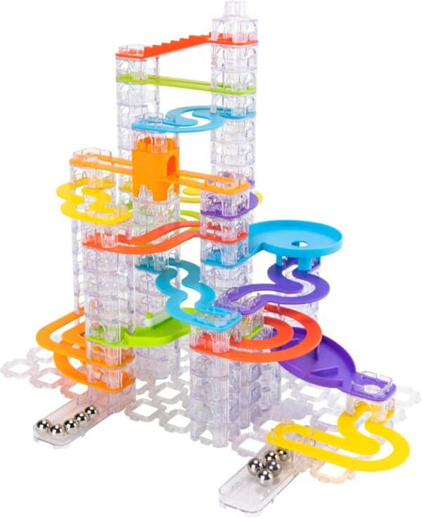 Colorful marble run toy set with glass marbles.