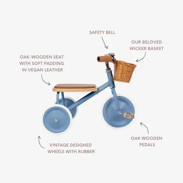 Blue tricycle with oak seat, basket, and bell.