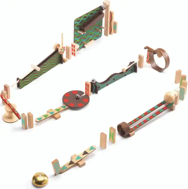 Wooden marble run with various obstacles.