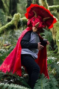 red triceratops hooded cape size 4 5