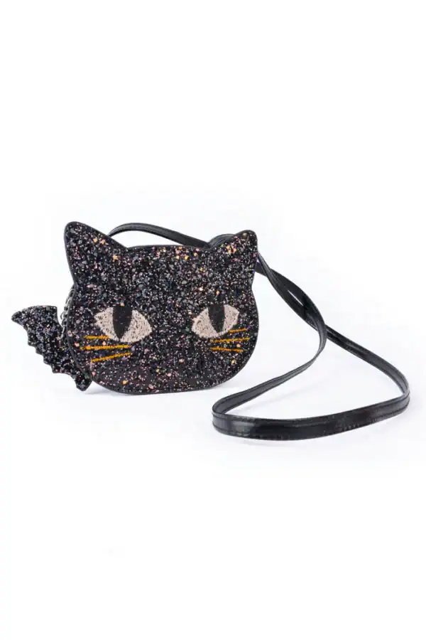 cat's meow black chunky glitter kitty purse